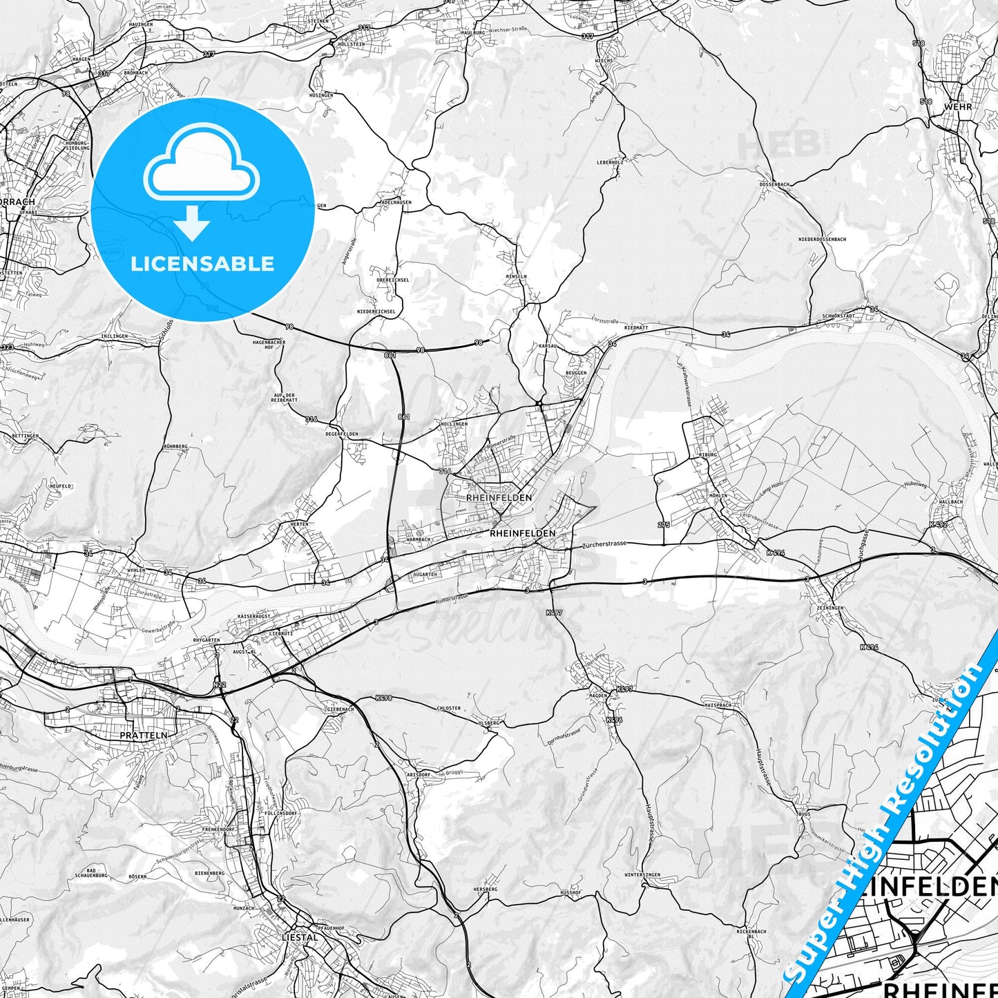 Rheinfelden (Baden), Germany light map with streetnames, citynames and districts