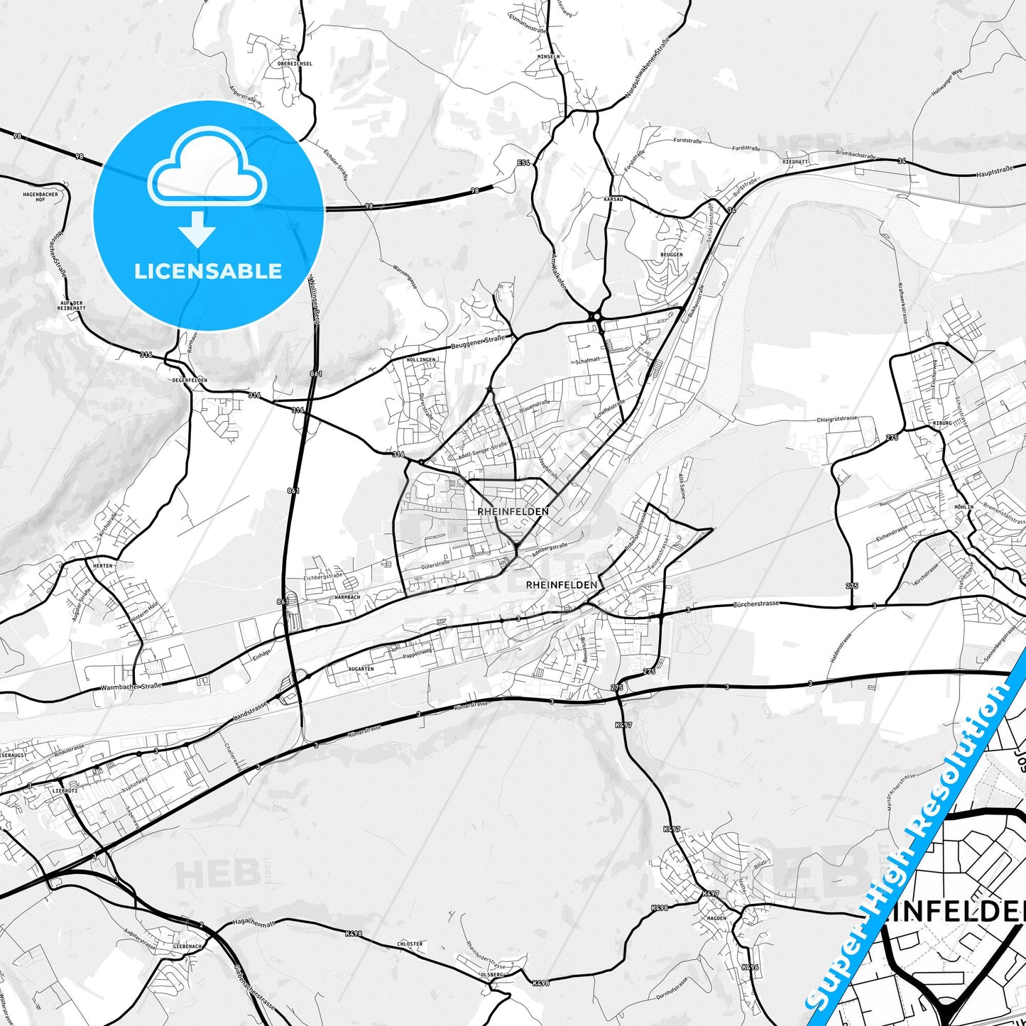 Rheinfelden (Baden), Germany Light Map with Street Names, City Names, and Districts