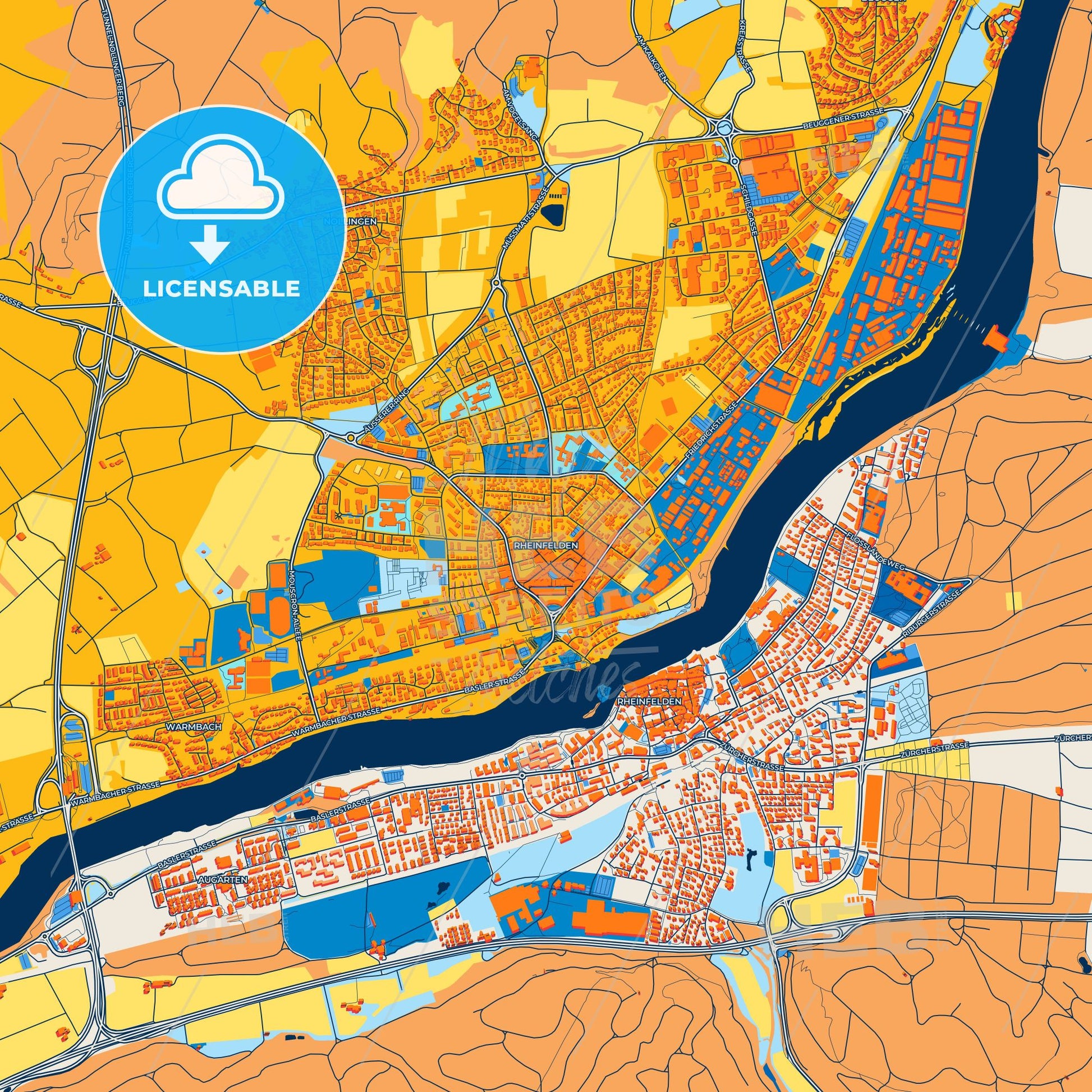 Colorful Rheinfelden (Baden) Street Map with Labels and Buildings