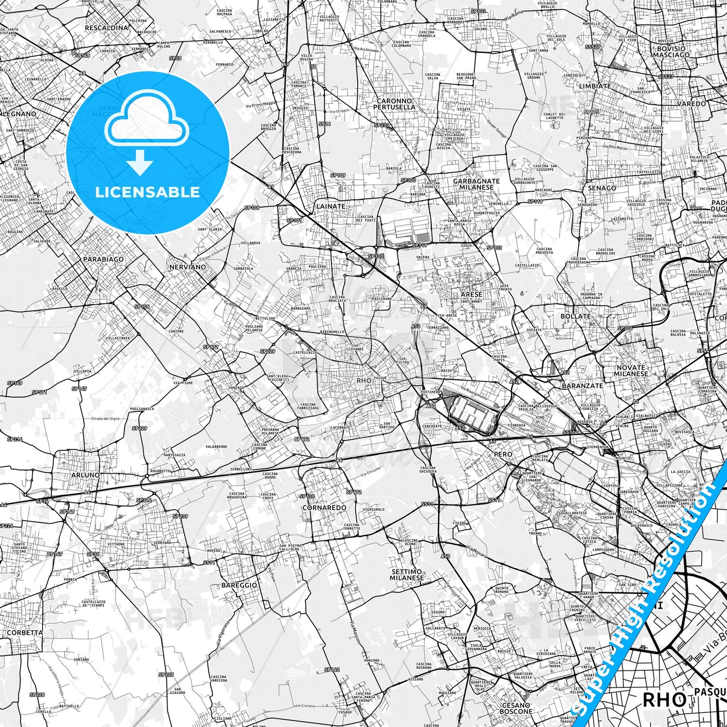 Rho, Italy light map with streetnames, citynames and districts