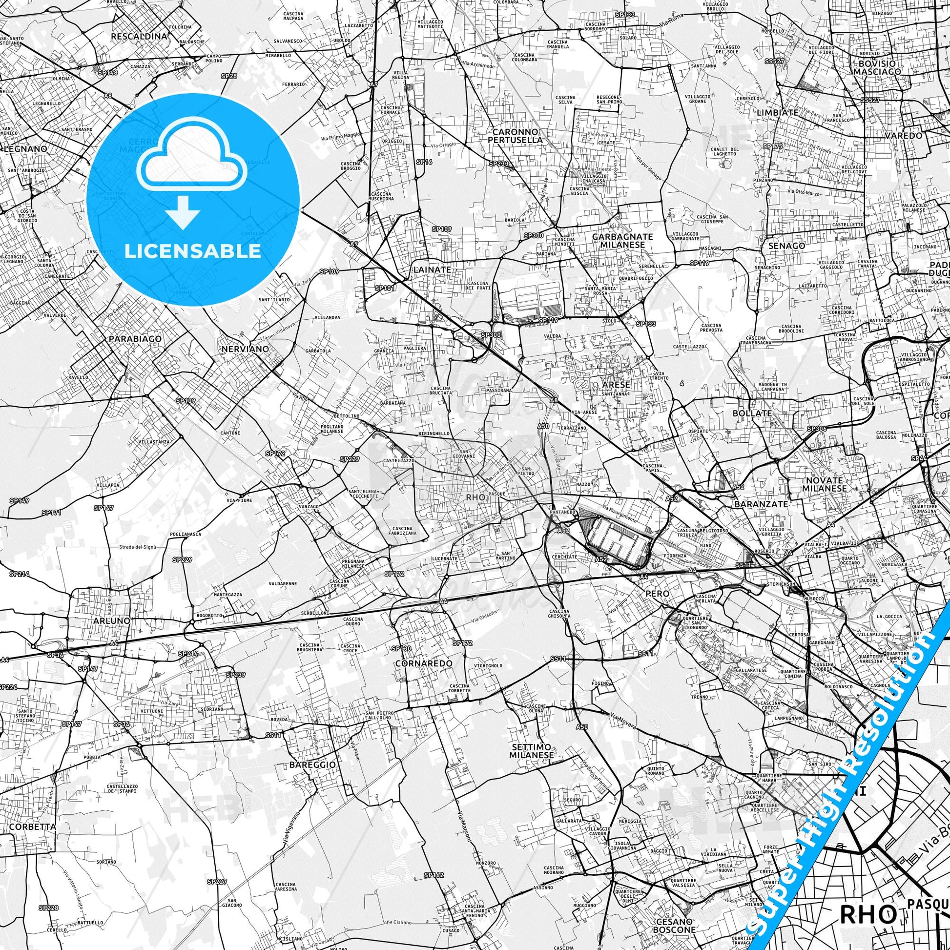 Rho, Italy light map with streetnames, citynames and districts