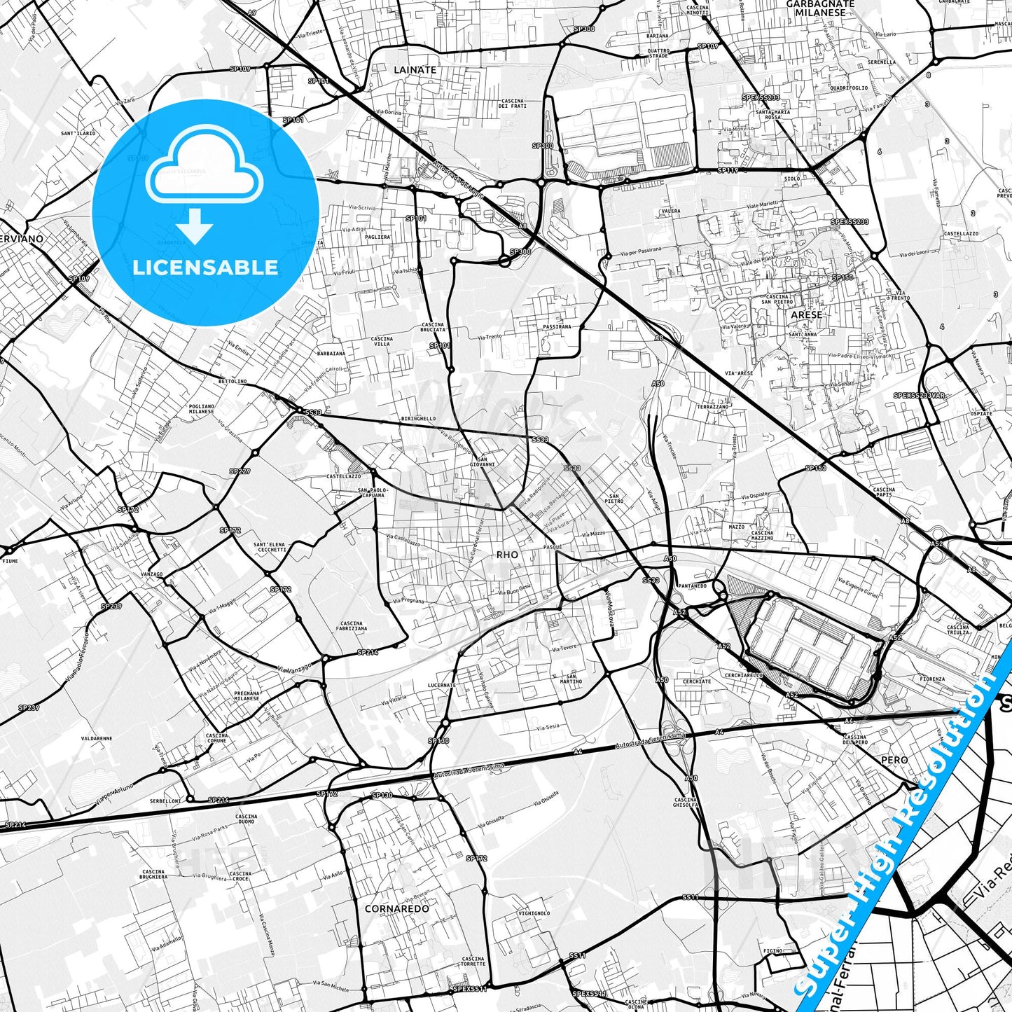 Rho, Italy Light Map with Street Names, City Names, and Districts