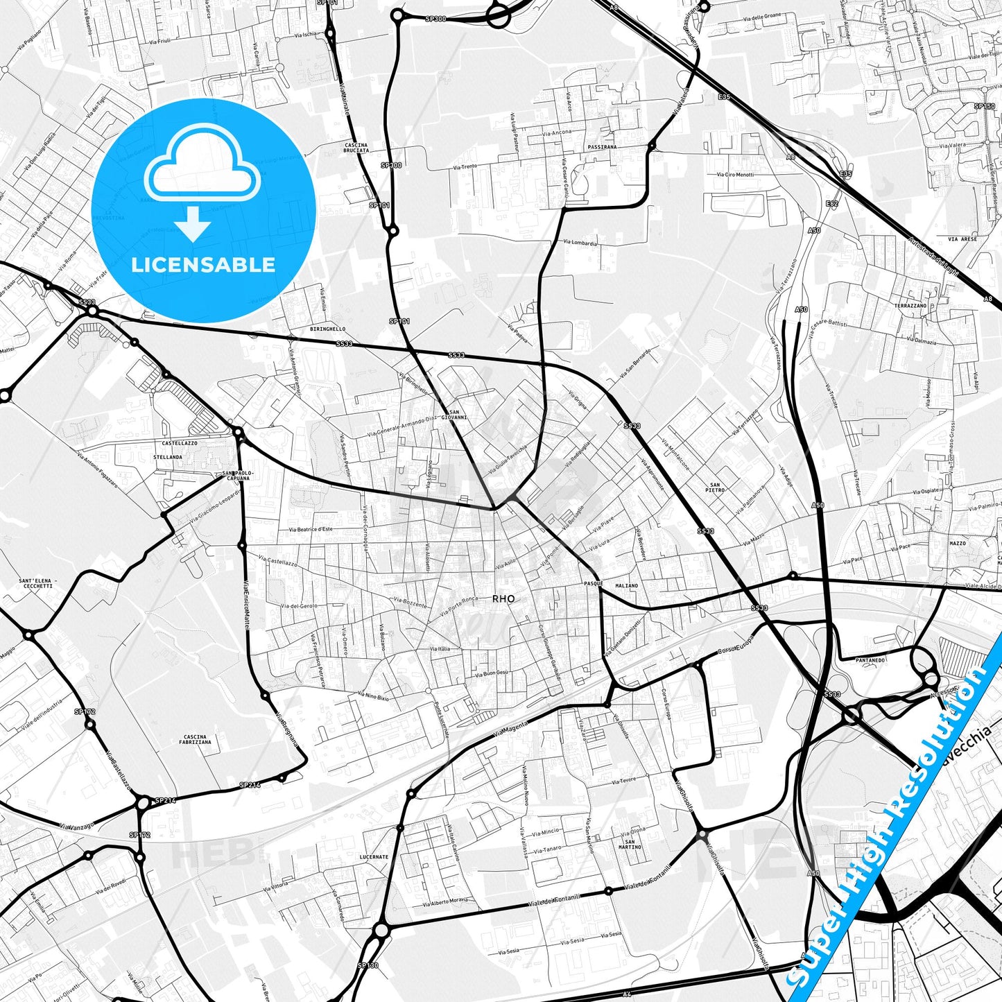 Rho, Italy Light Map with Street Names, City Names, and Districts