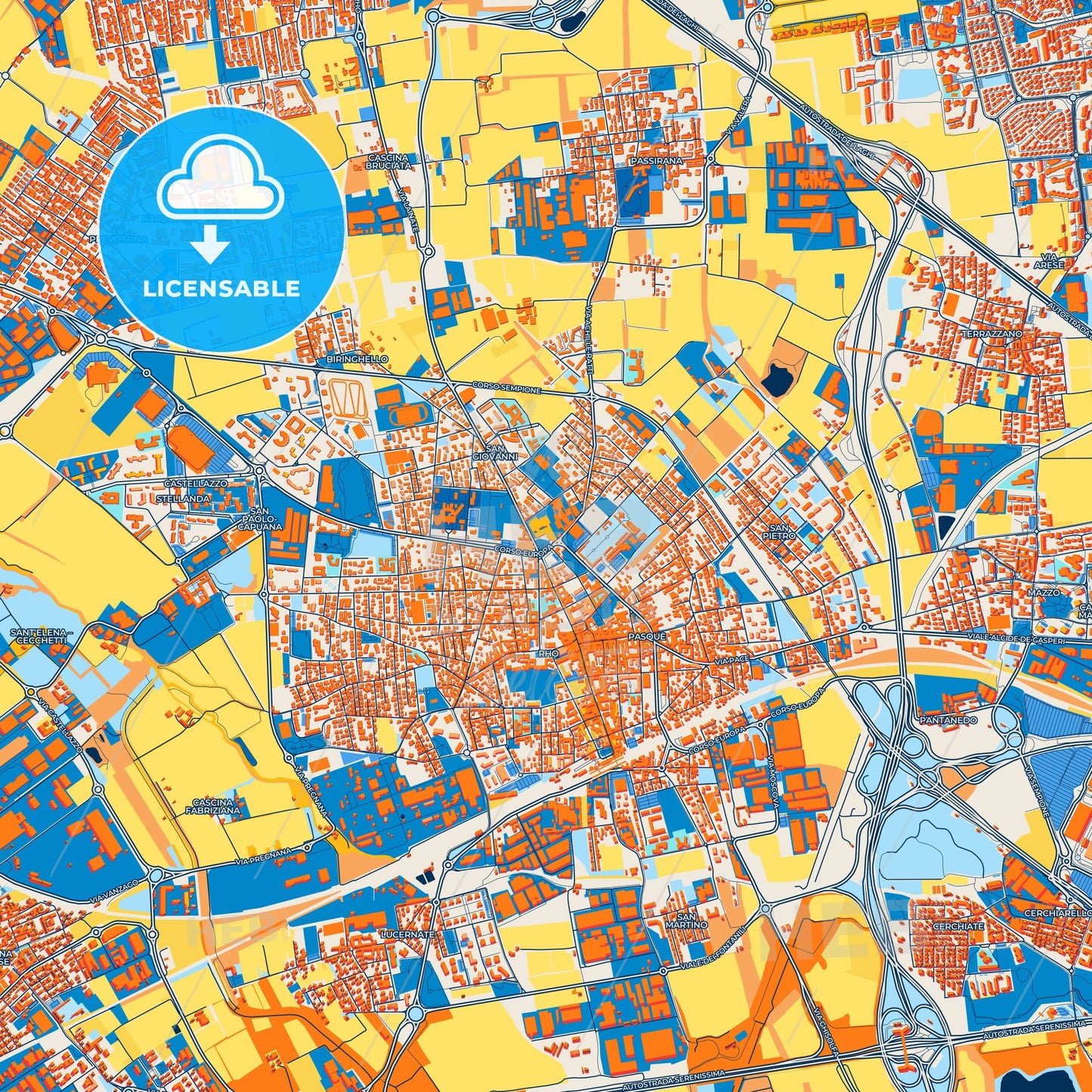 Colorful Rho Street Map with Labels and Buildings