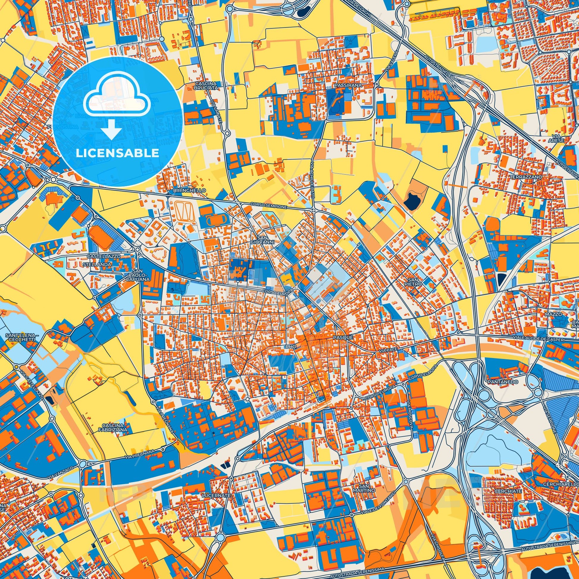 Colorful Rho Street Map with Labels and Buildings