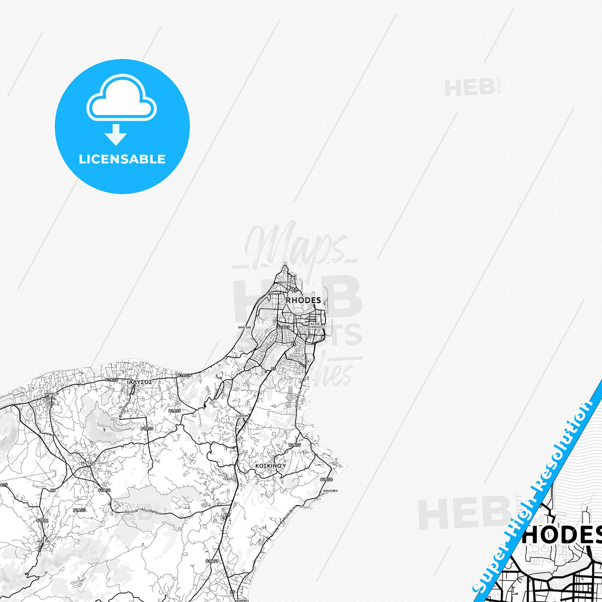 Rhodes, Greece light map with streetnames, citynames and districts