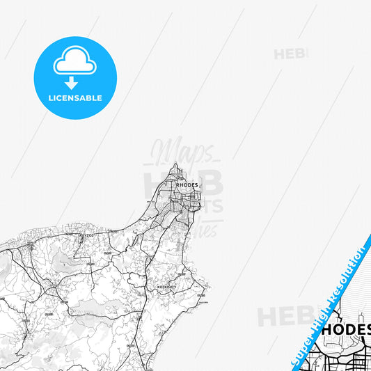 Rhodes, Greece light map with streetnames, citynames and districts