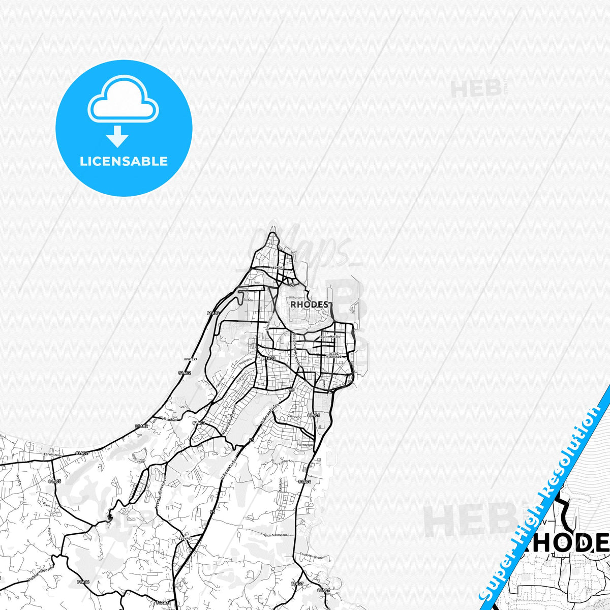 Rhodes, Greece Light Map with Street Names, City Names, and Districts