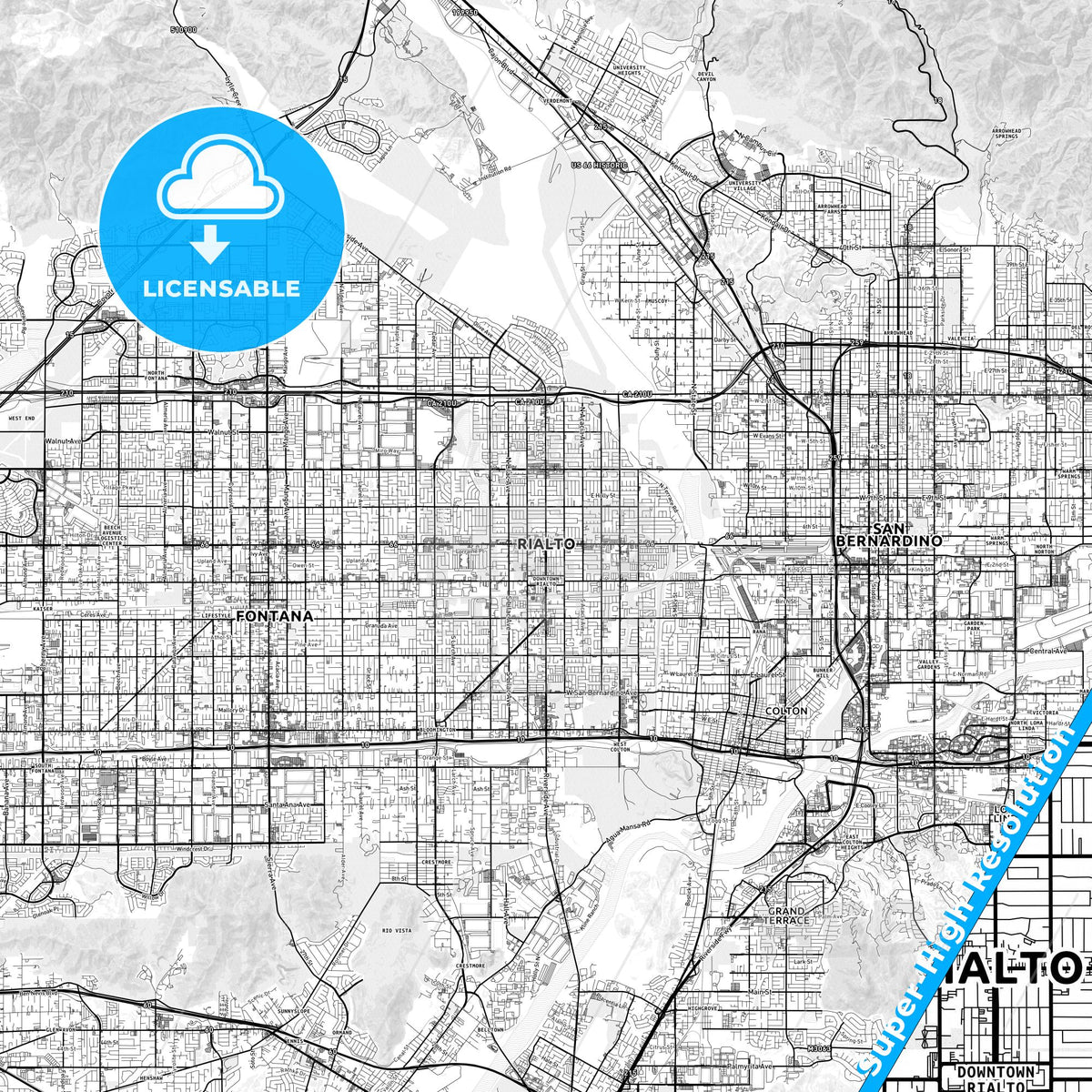 Rialto, California light map with streetnames, citynames and districts