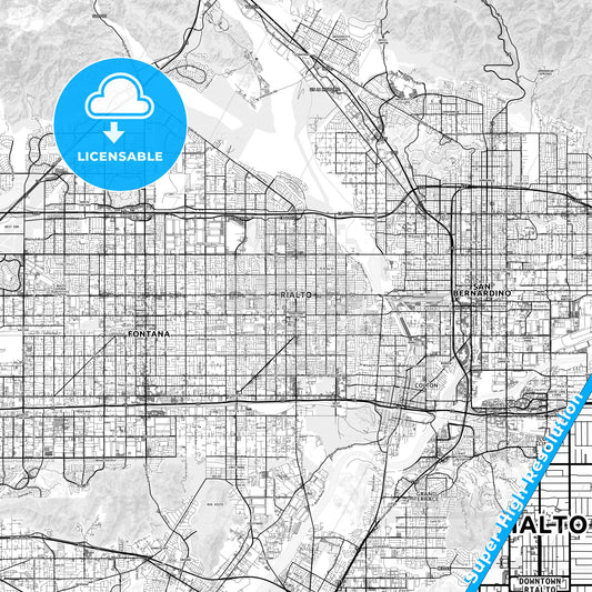 Rialto, California light map with streetnames, citynames and districts
