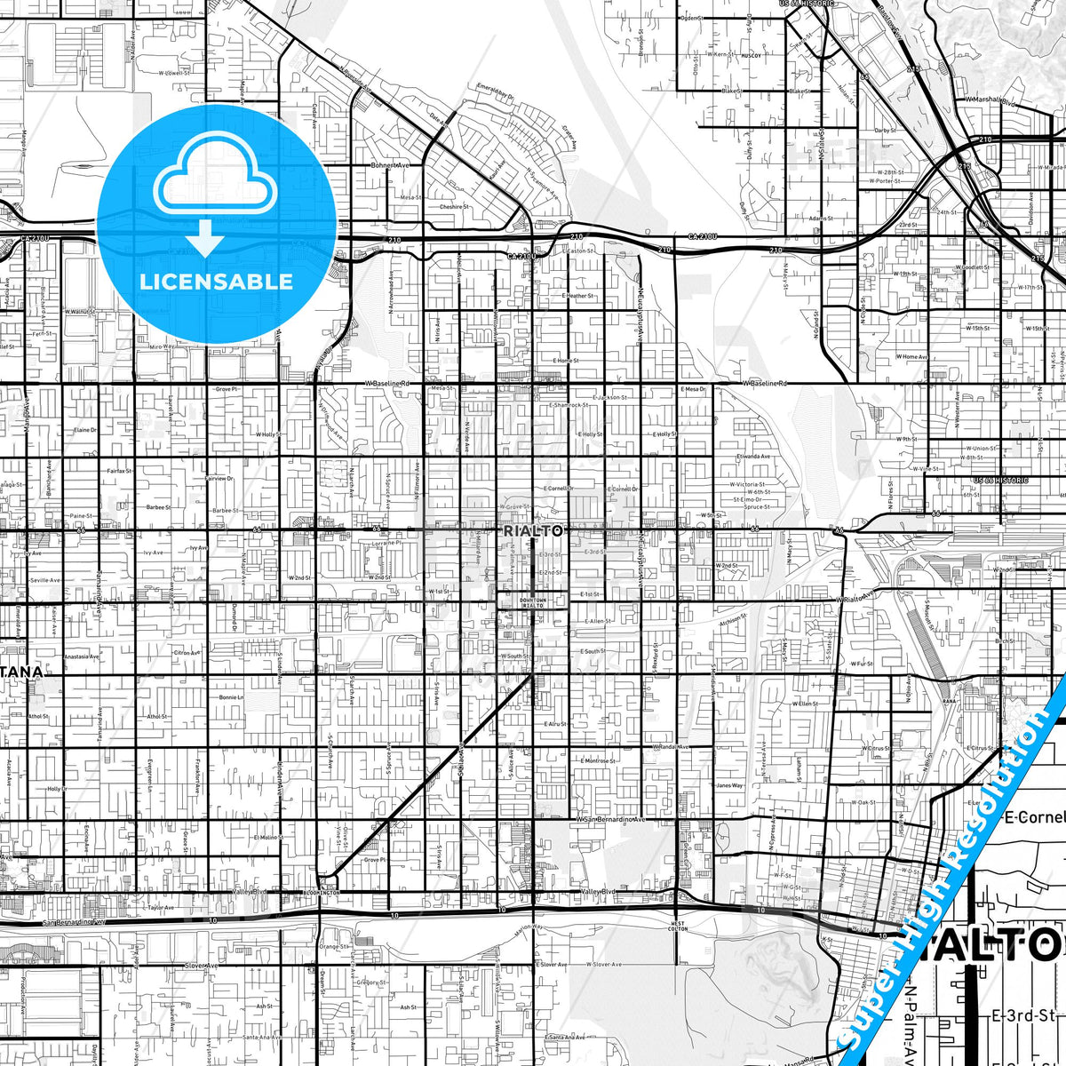 Rialto, California Light Map with Street Names, City Names, and Districts