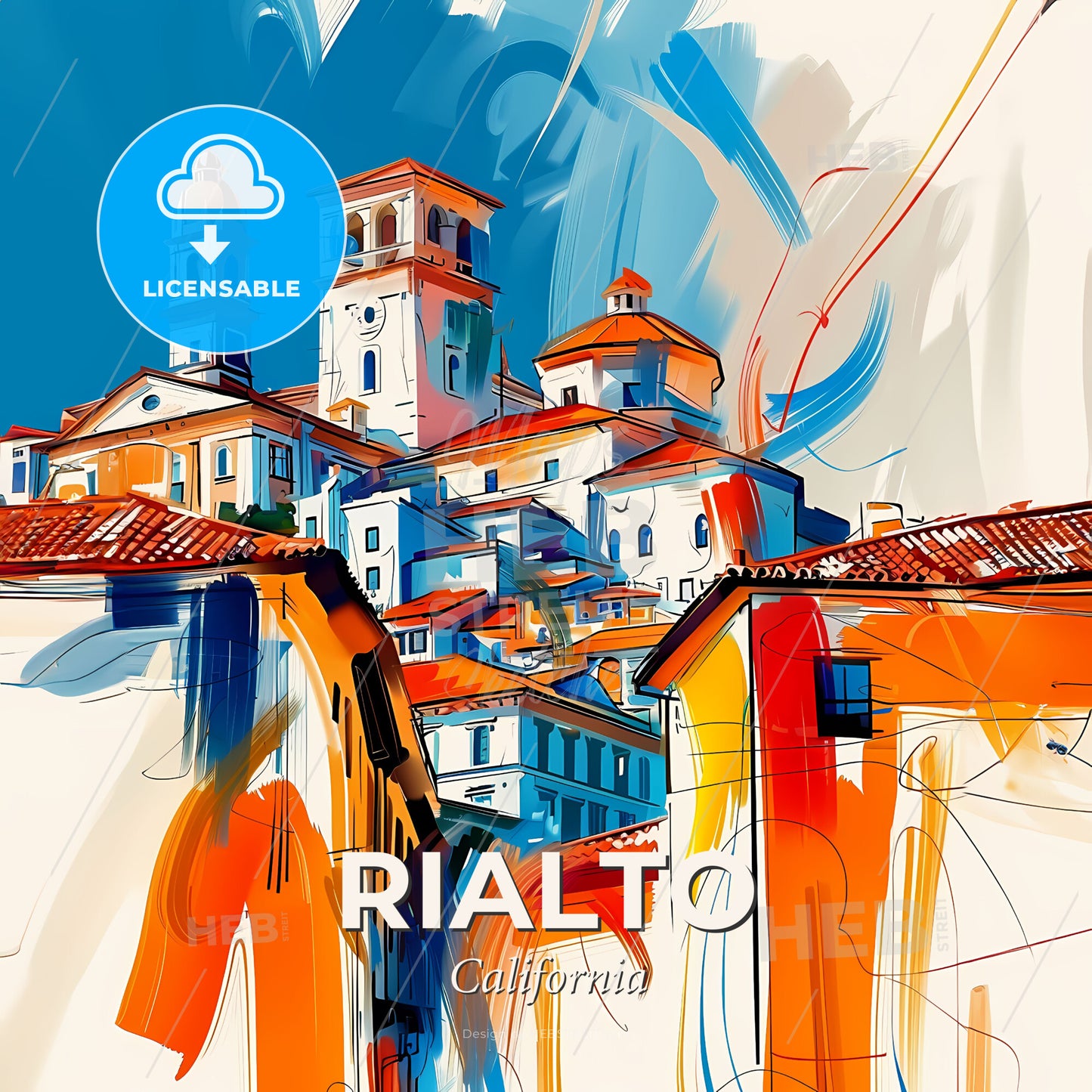 Vibrant Rialto, California - A Painting Of A Building With Orange And Blue Roofs - Square format print template