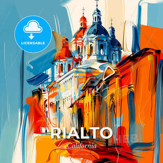 Vibrant Rialto, California - A Painting Of A Building With A Dome On Top - Square format print template