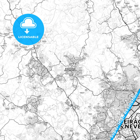 Ribeirao das Neves, Brazil light map with streetnames, citynames and districts