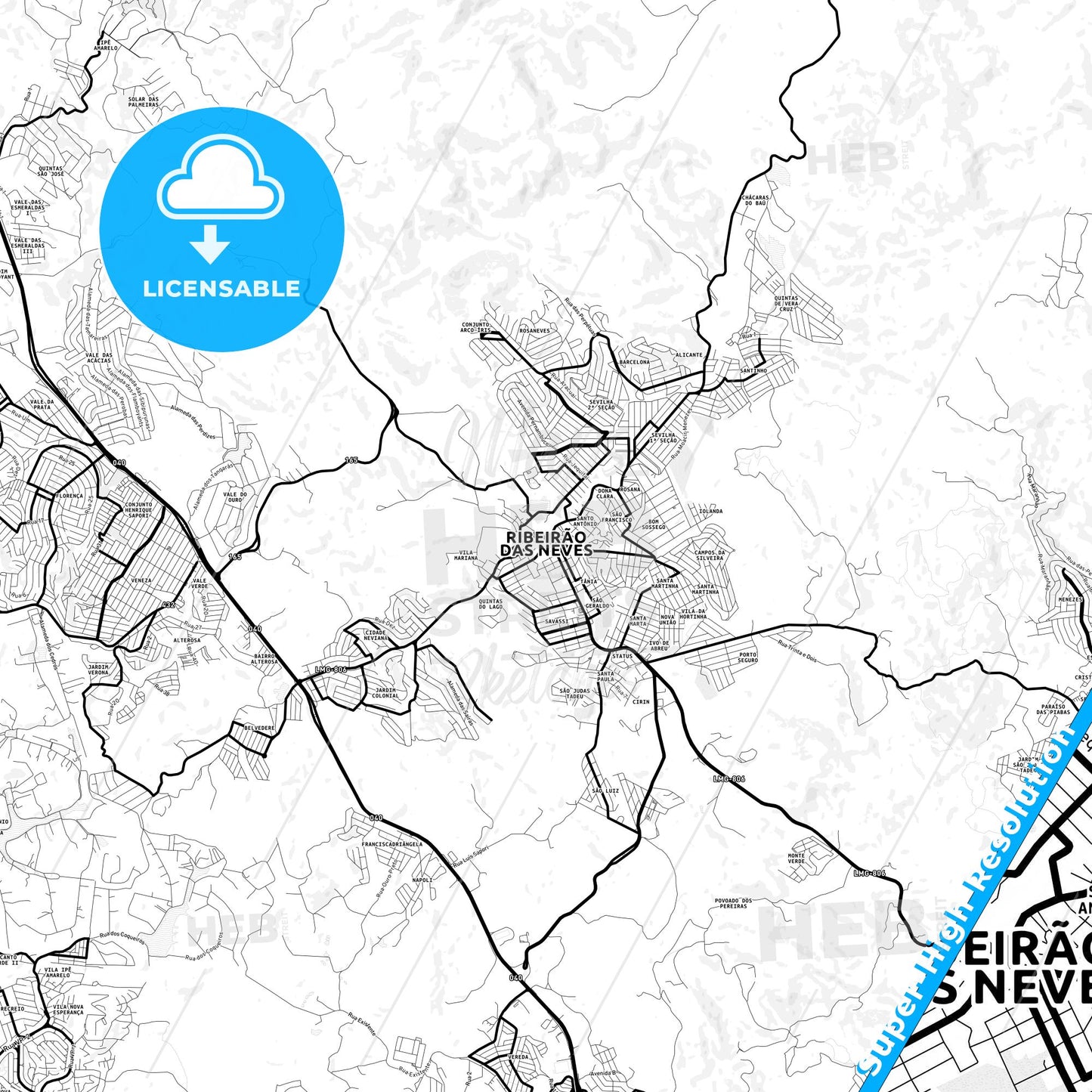 Ribeirao das Neves, Brazil Light Map with Street Names, City Names, and Districts