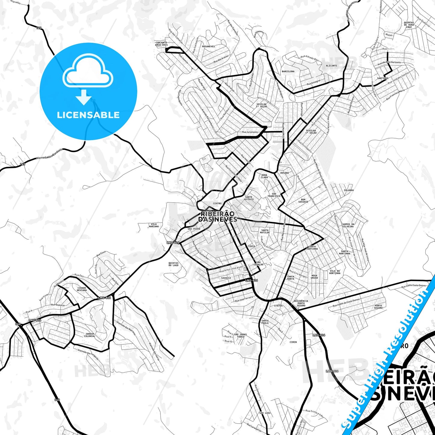 Ribeirao das Neves, Brazil Light Map with Street Names, City Names, and Districts