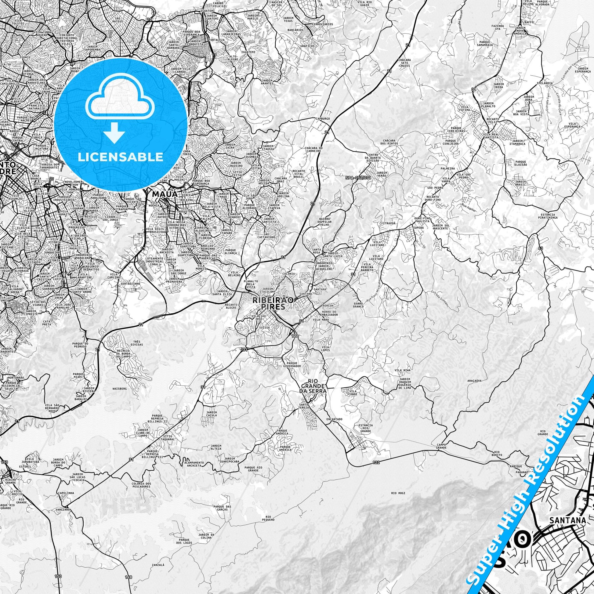 Ribeirao Pires, Brazil light map with streetnames, citynames and districts