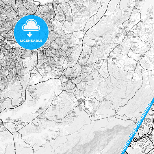Ribeirao Pires, Brazil light map with streetnames, citynames and districts