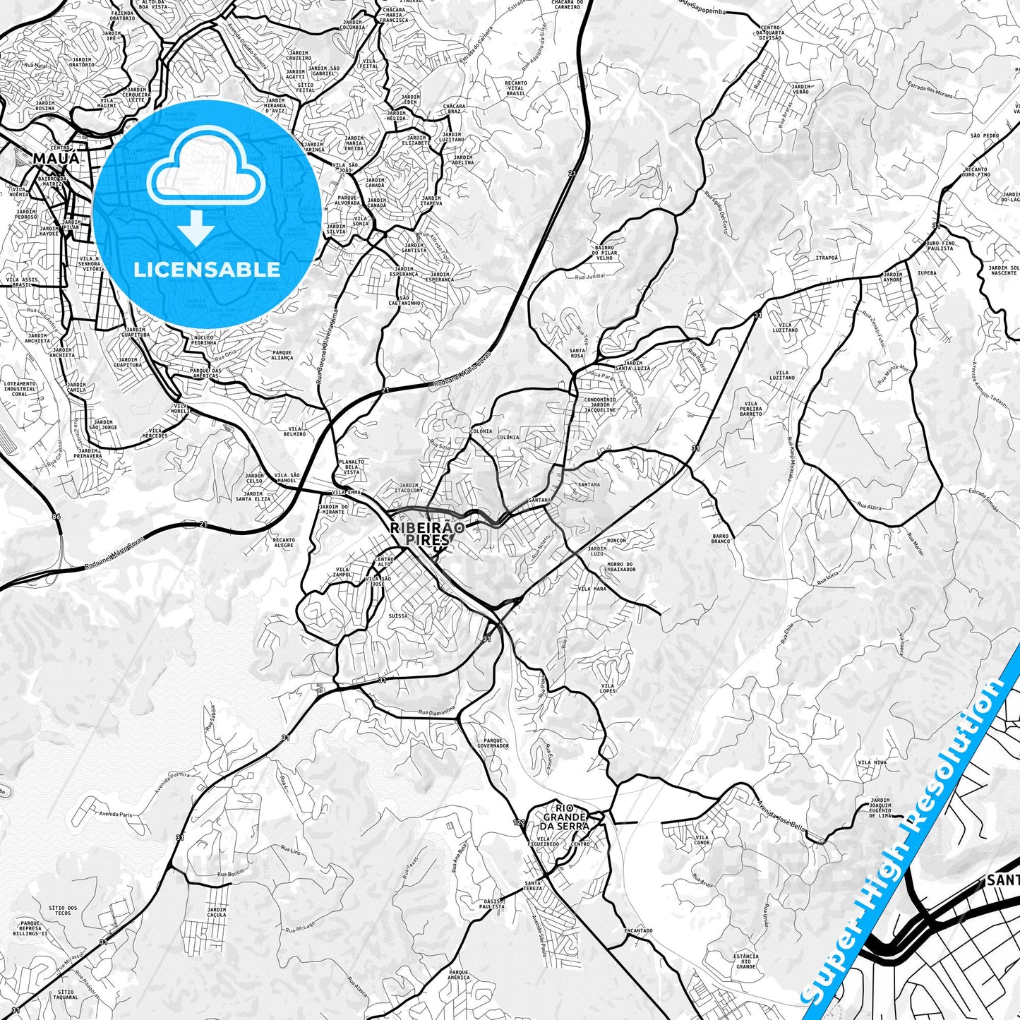 Ribeirao Pires, Brazil Light Map with Street Names, City Names, and Districts