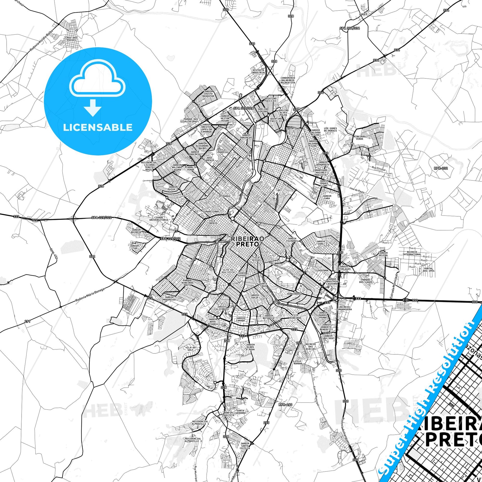 Ribeirao Preto, Brazil light map with streetnames, citynames and districts