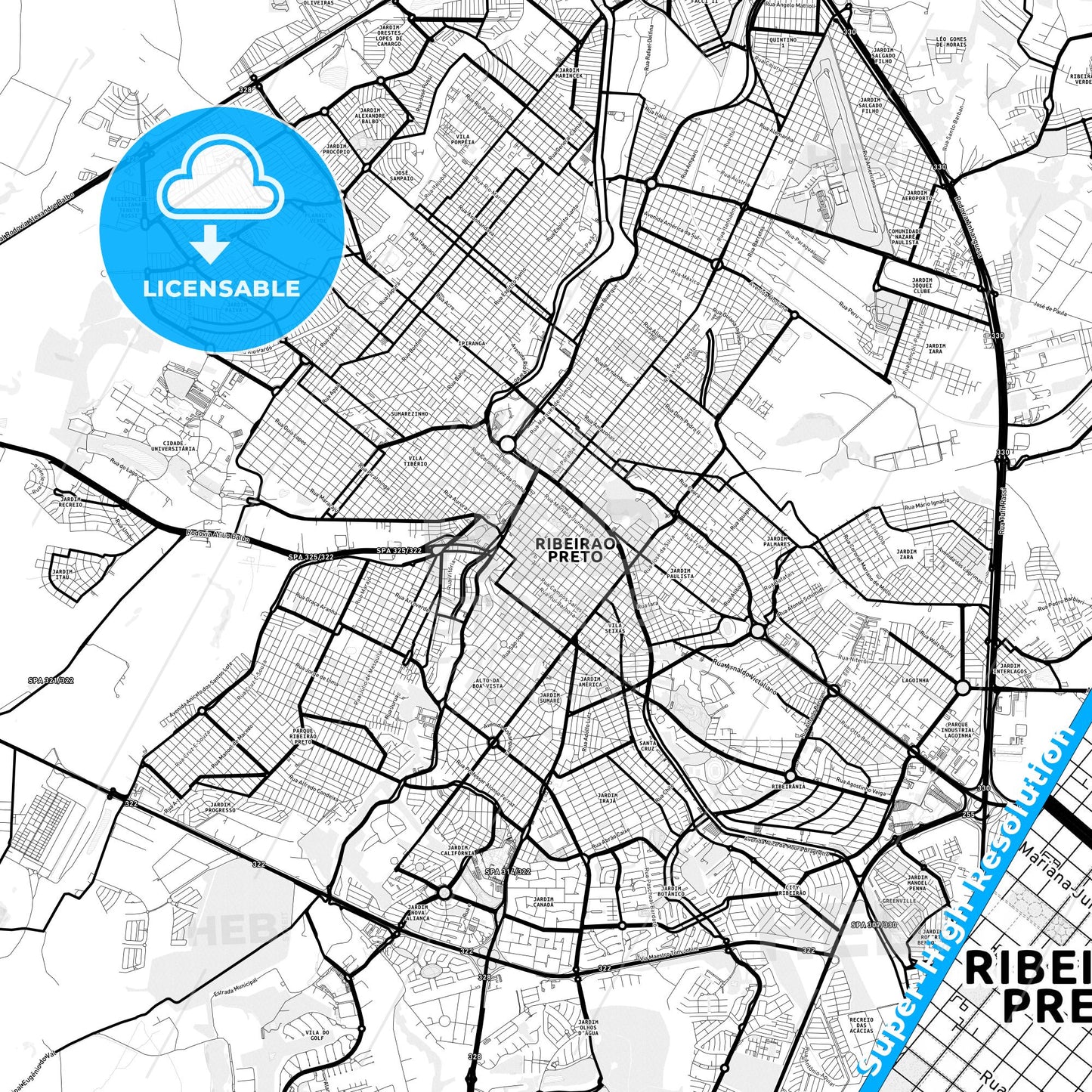 Ribeirao Preto, Brazil Light Map with Street Names, City Names, and Districts