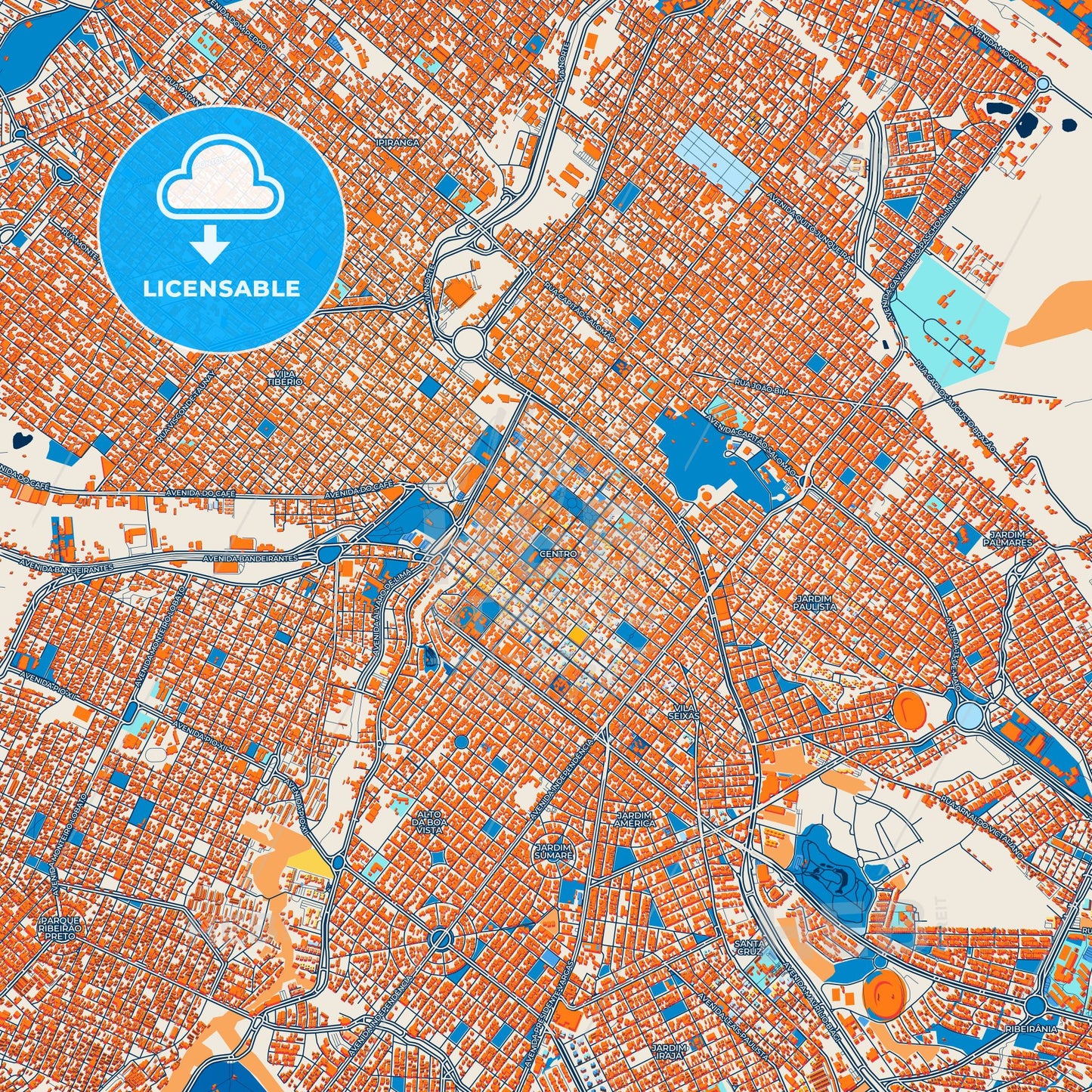 Colorful Ribeirao Preto Street Map with Labels and Buildings