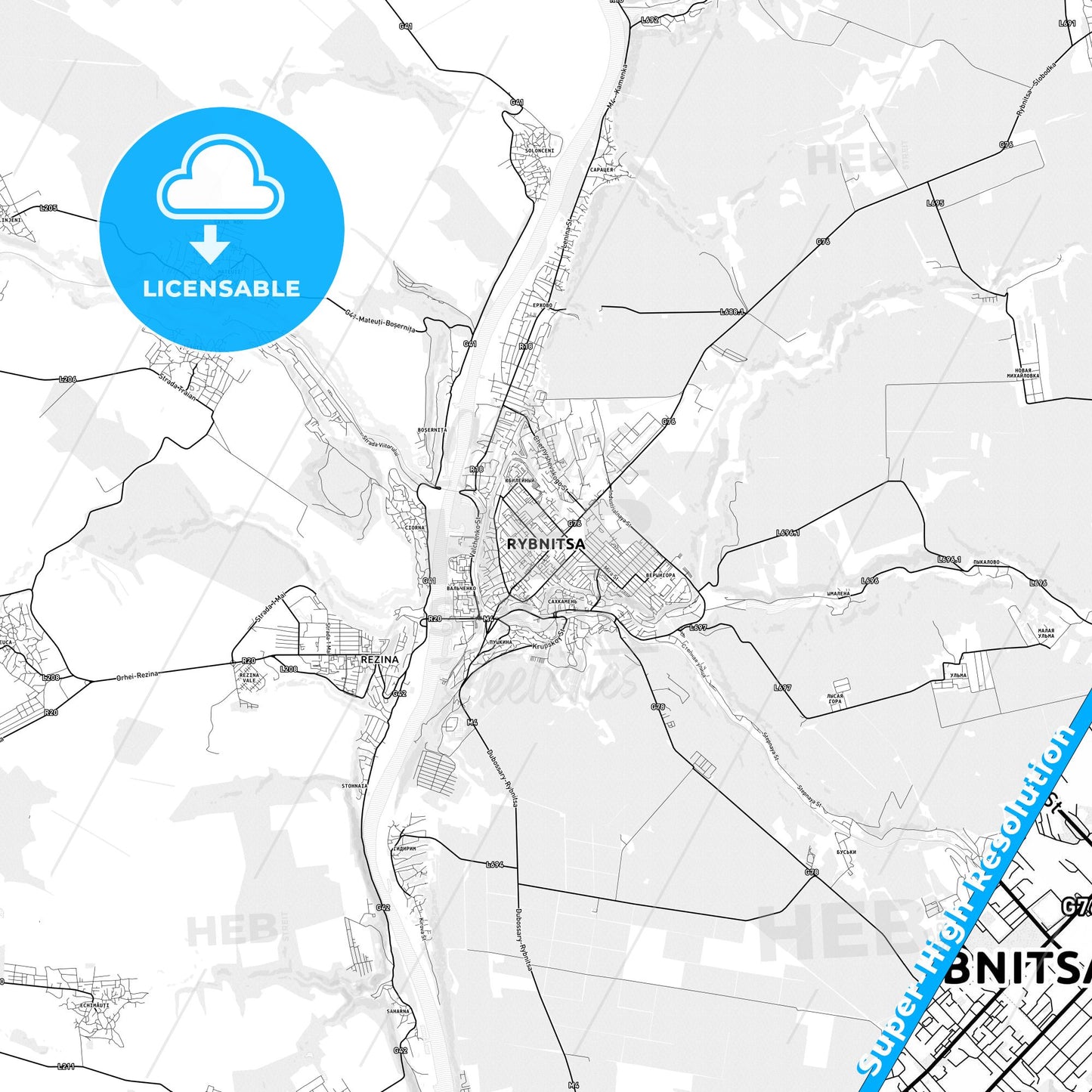 Rîbnița, Moldova light map with streetnames, citynames and districts