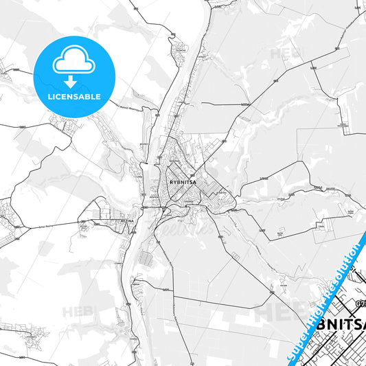 Rîbnița, Moldova light map with streetnames, citynames and districts