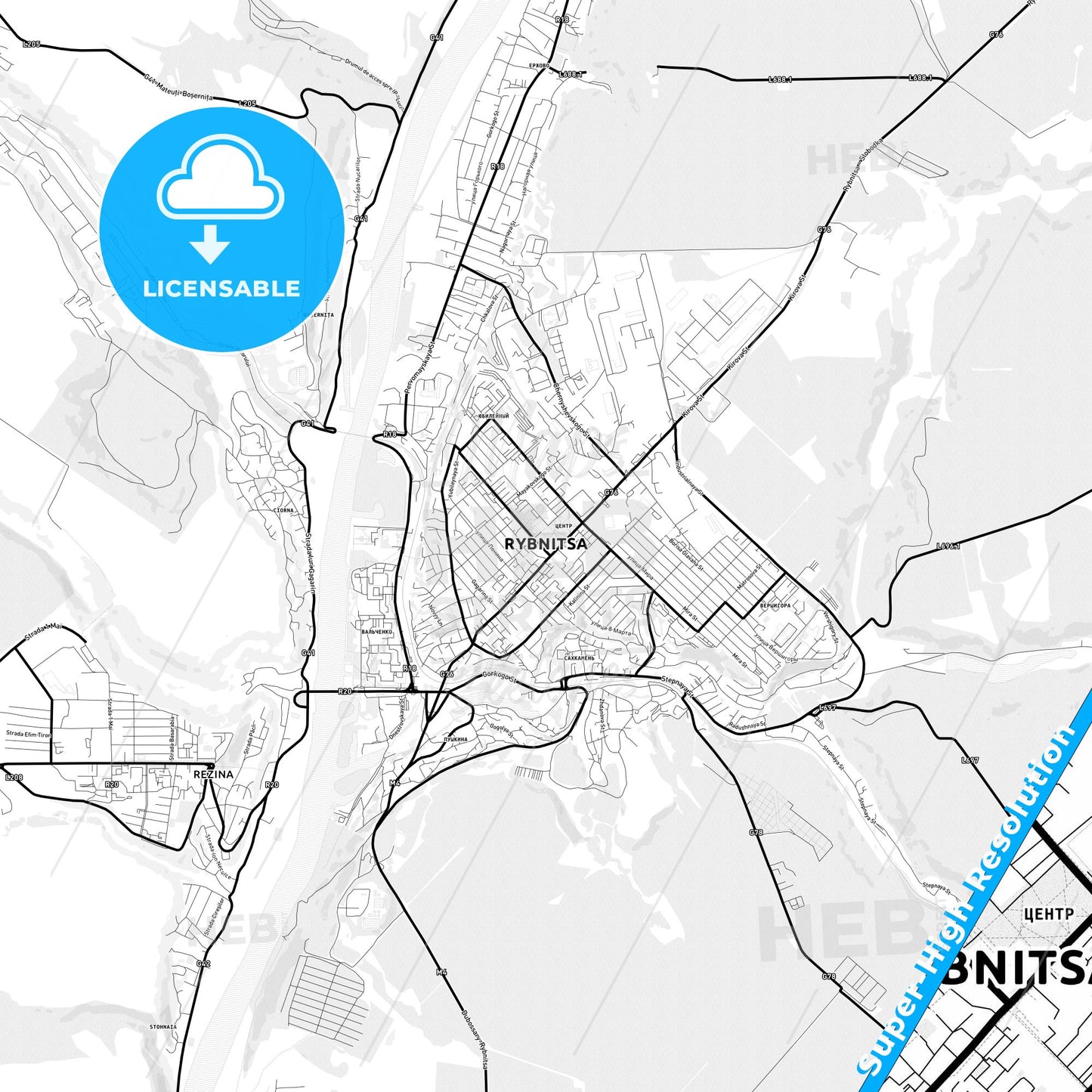 Rîbnița, Moldova Light Map with Street Names, City Names, and Districts
