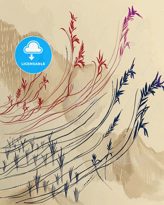 Serene Lines of the Rice Field - A painting of plants and mountains