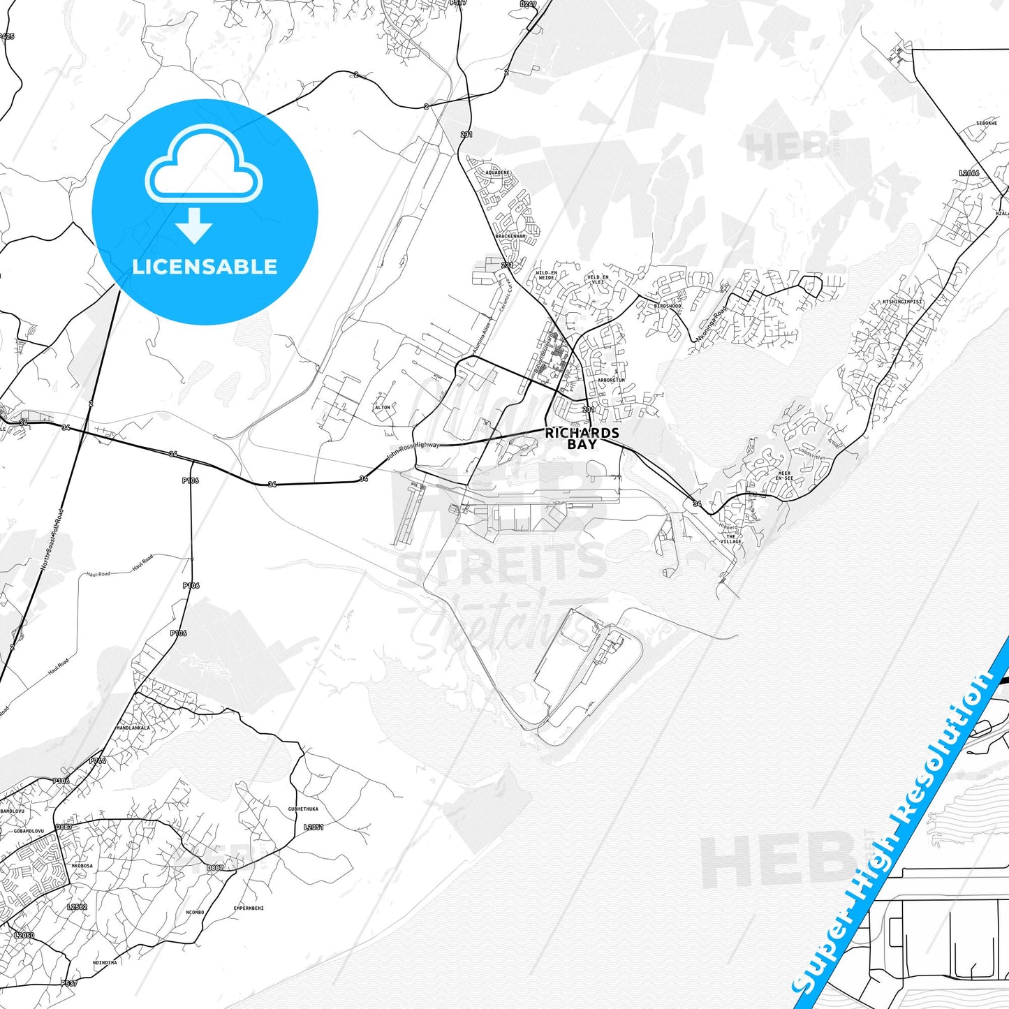 Richards Bay, South Africa light map with streetnames, citynames and districts