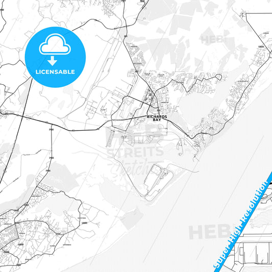 Richards Bay, South Africa light map with streetnames, citynames and districts