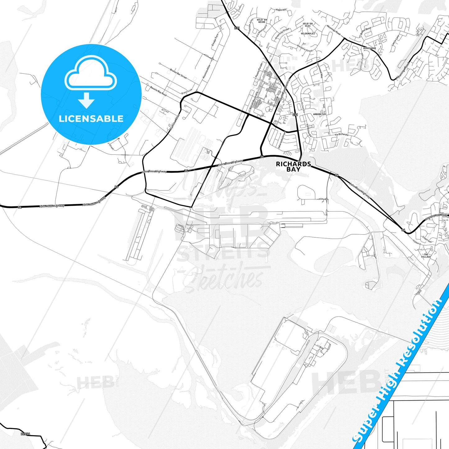 Richards Bay, South Africa Light Map with Street Names, City Names, and Districts