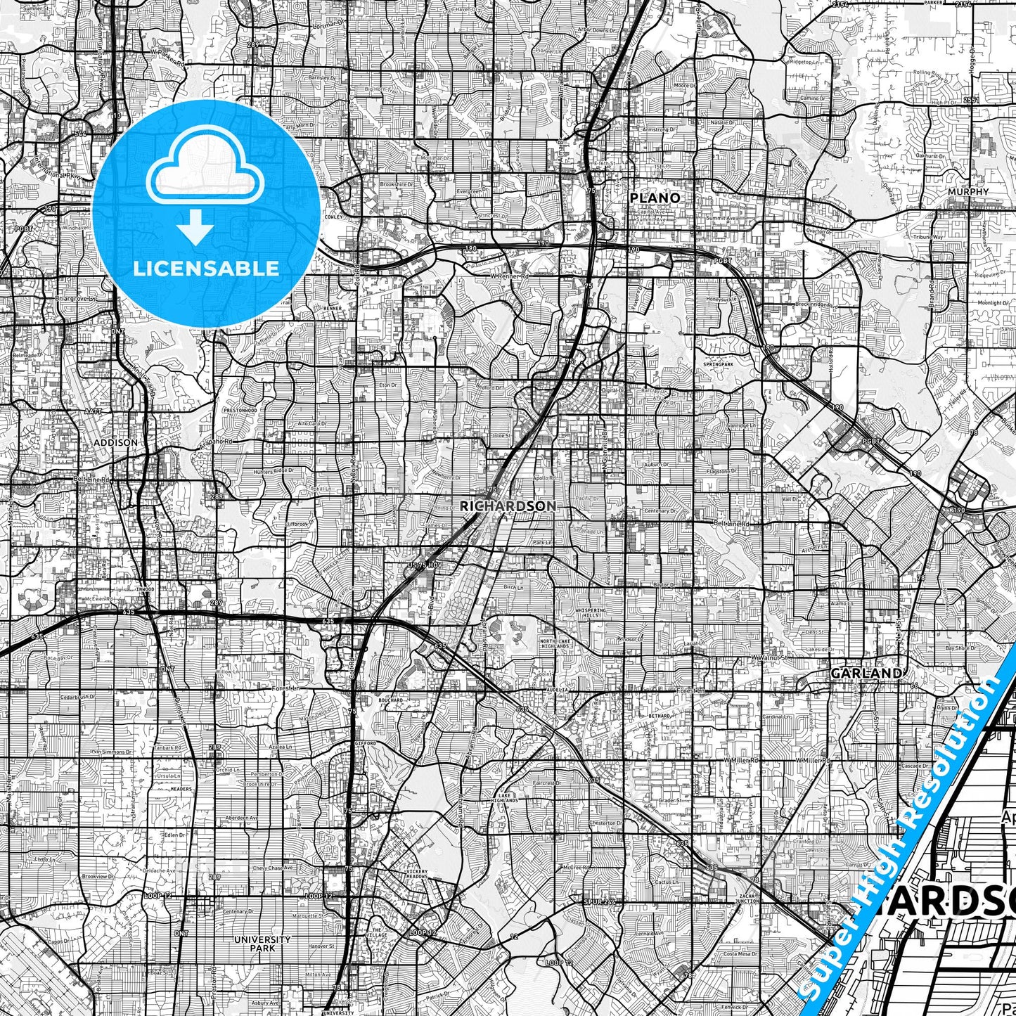 Richardson, Texas light map with streetnames, citynames and districts