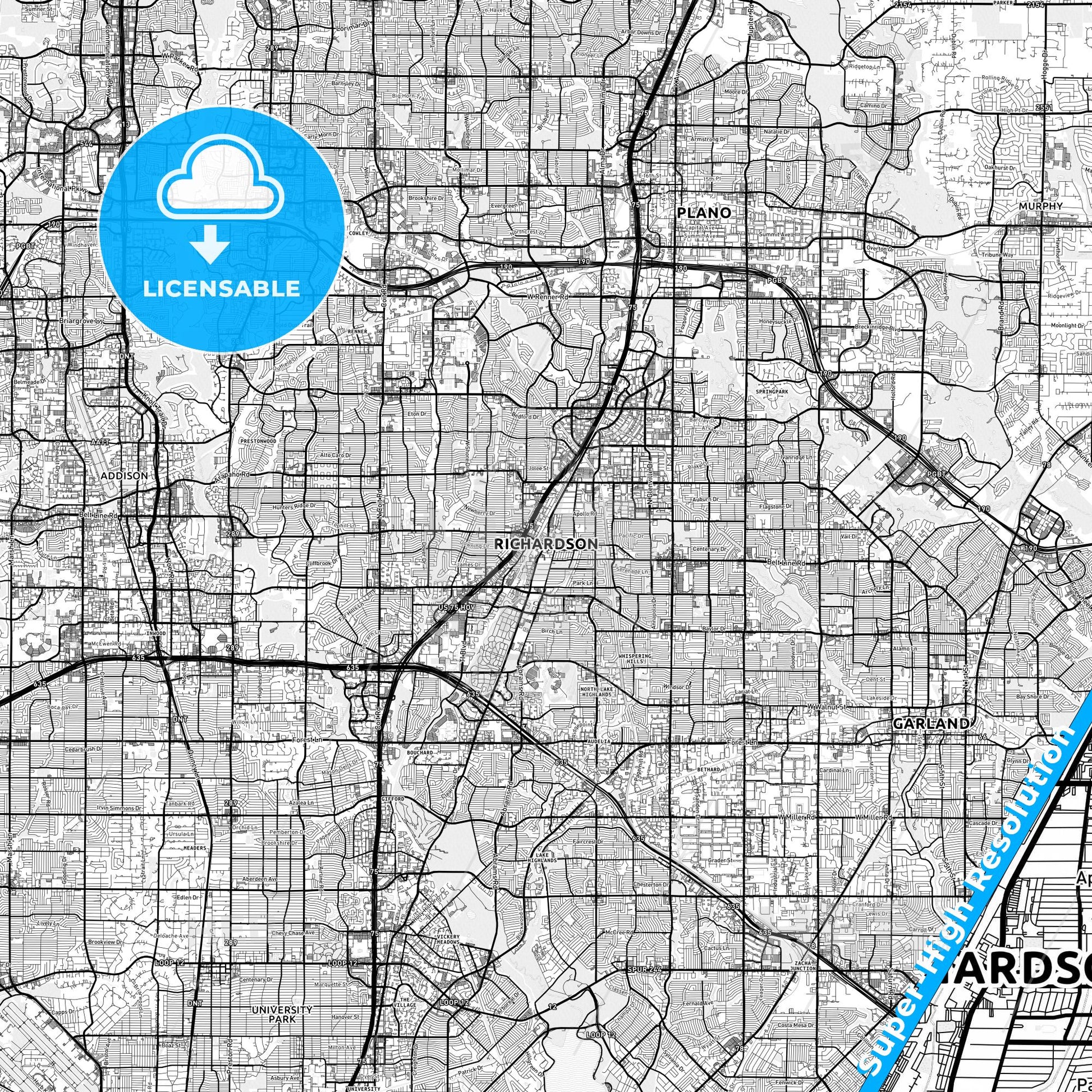 Richardson, Texas light map with streetnames, citynames and districts