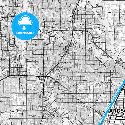 Richardson, Texas light map with streetnames, citynames and districts