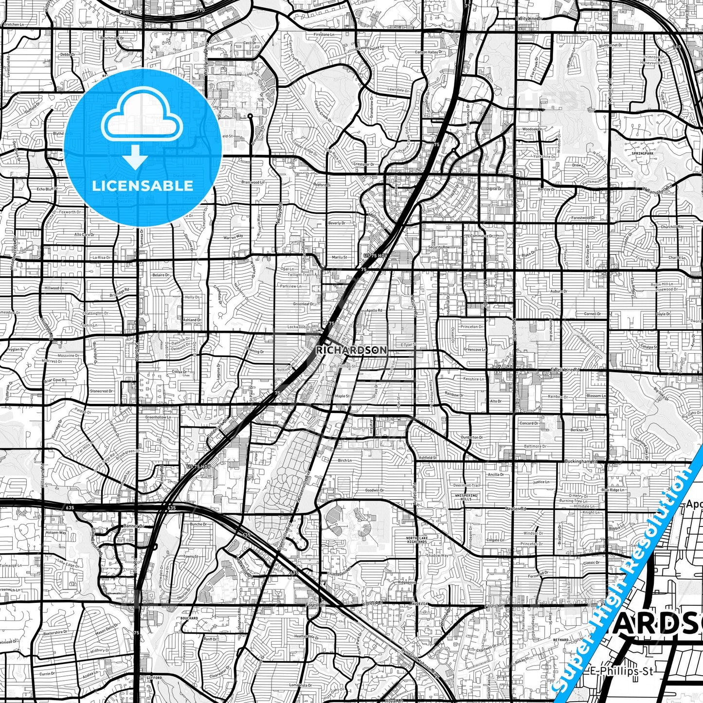 Richardson, Texas Light Map with Street Names, City Names, and Districts