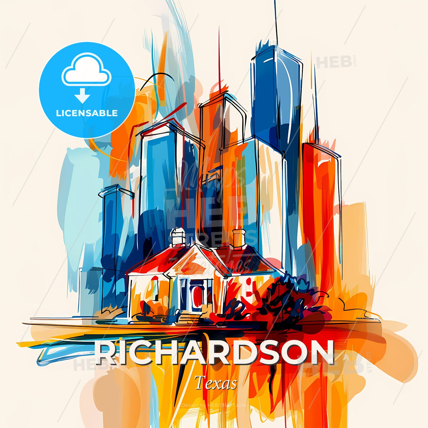 Vibrant Richardson, Texas - A Drawing Of A House And A City - Square format print template