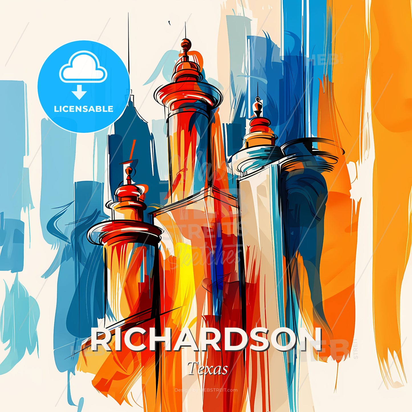 Vibrant Richardson, Texas - A Colorful Drawing Of A Building - Square format print template