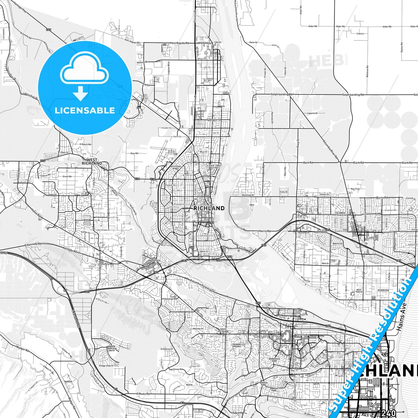 Richland, Washington light map with streetnames, citynames and districts