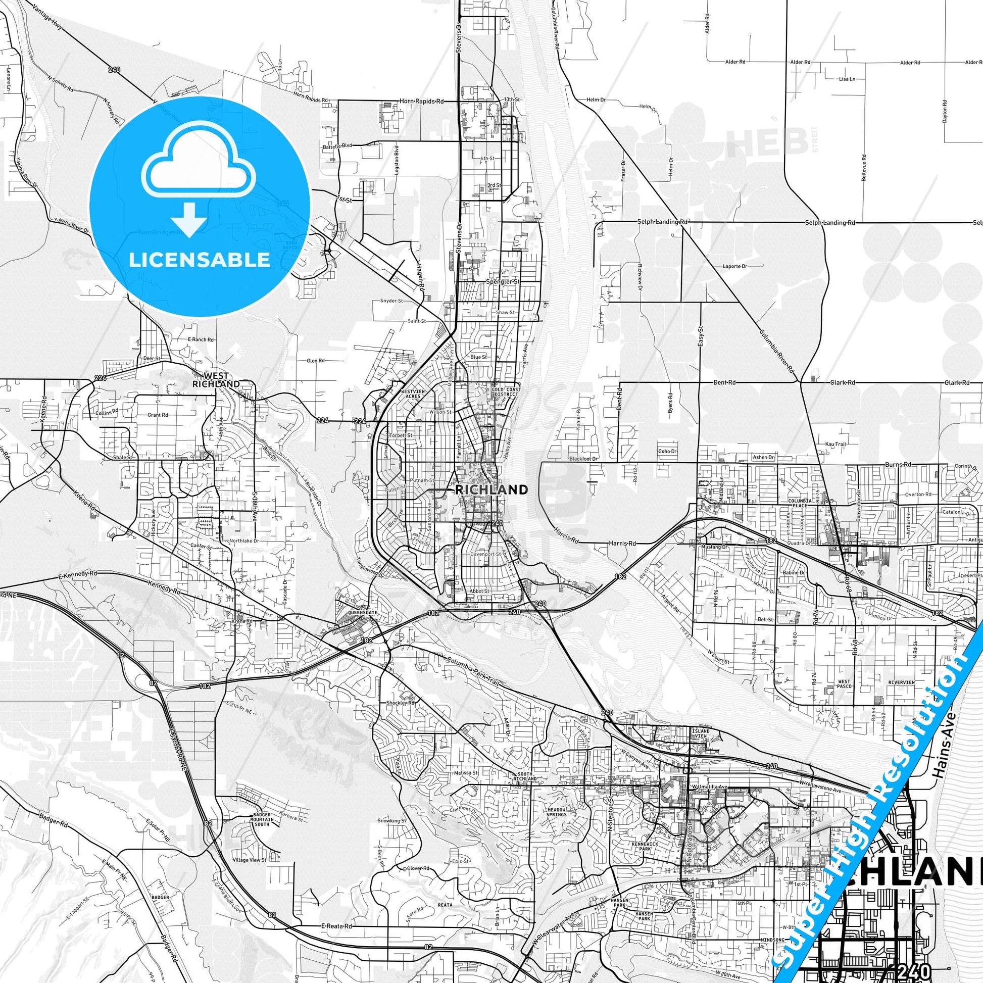 Richland, Washington light map with streetnames, citynames and districts