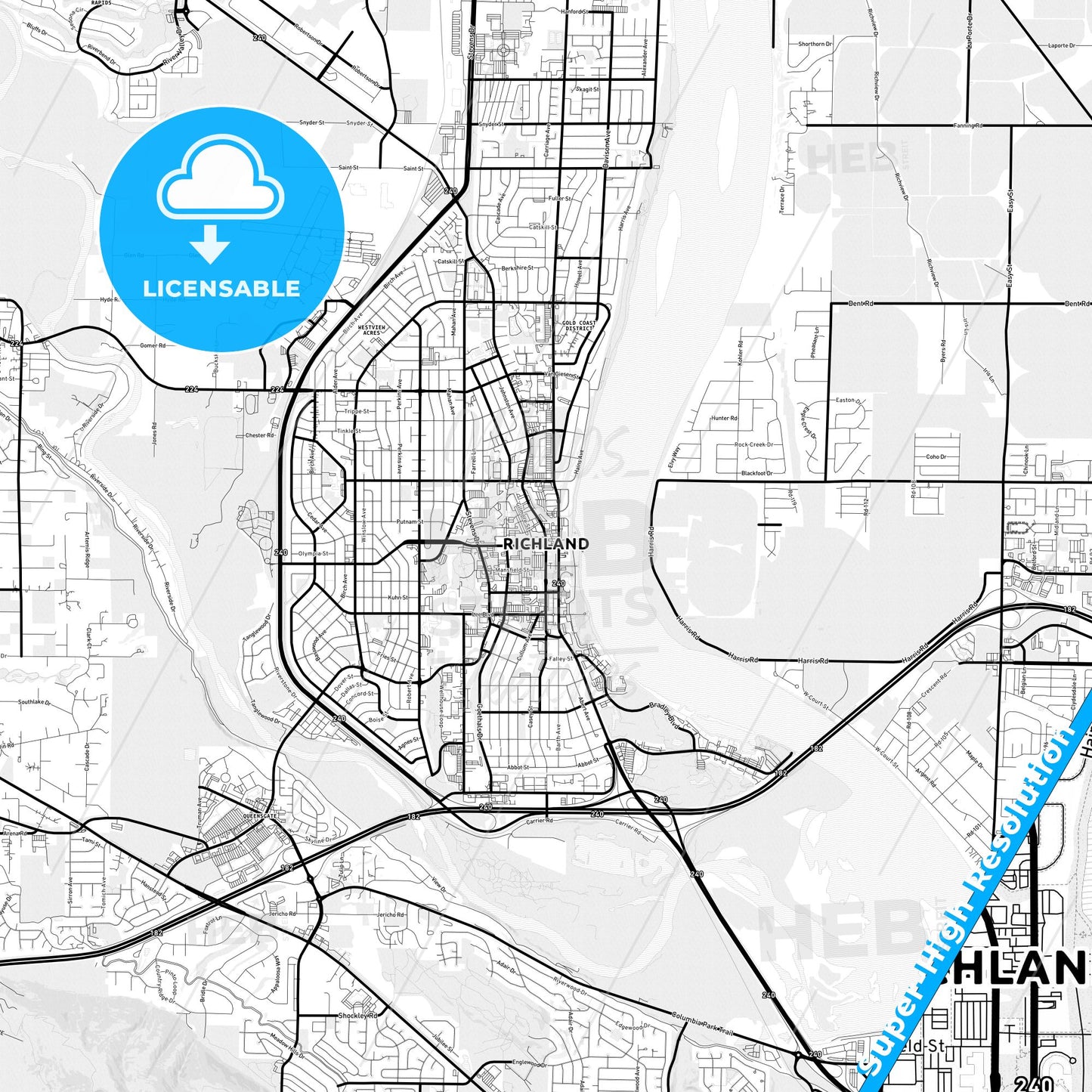 Richland, Washington Light Map with Street Names, City Names, and Districts