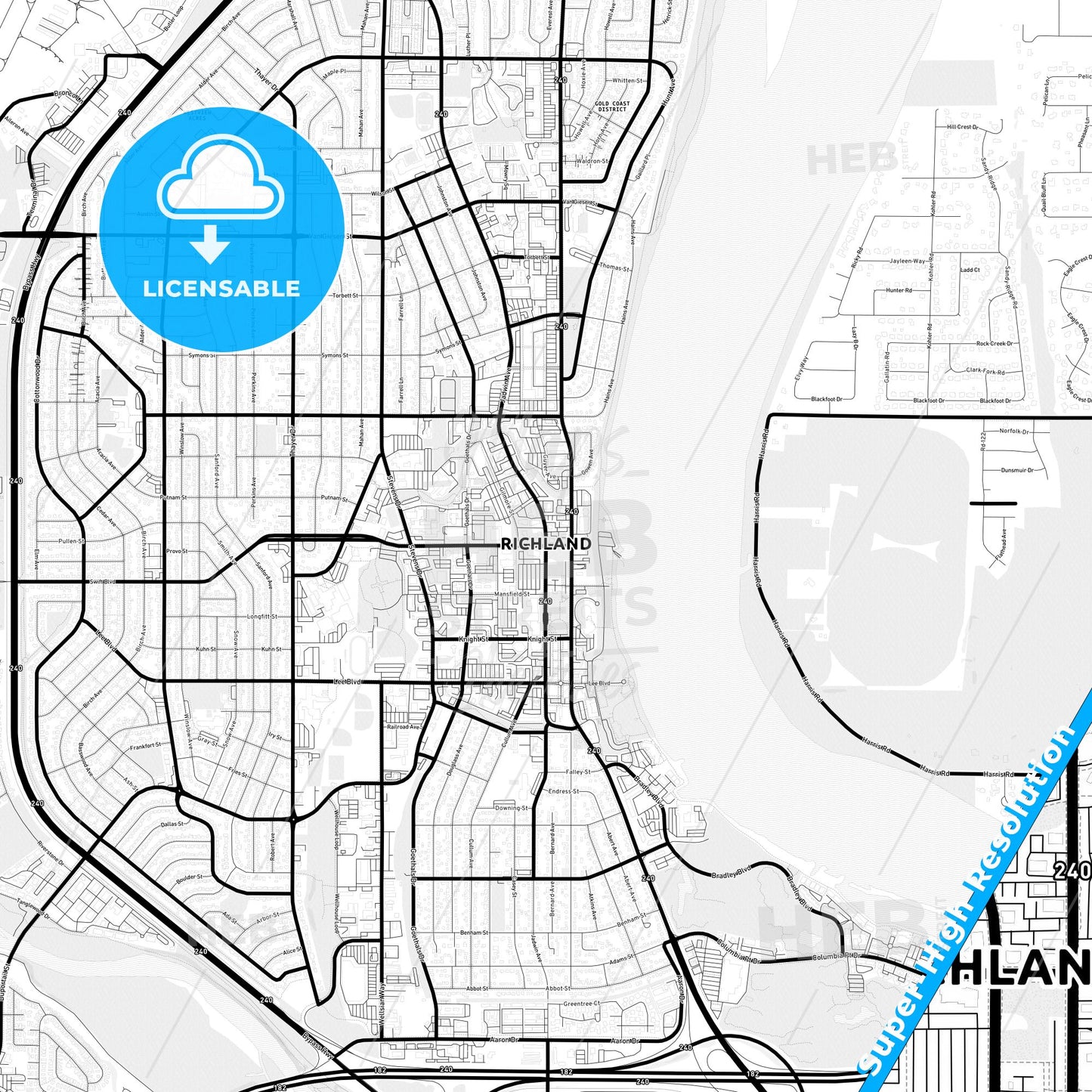 Richland, Washington Light Map with Street Names, City Names, and Districts
