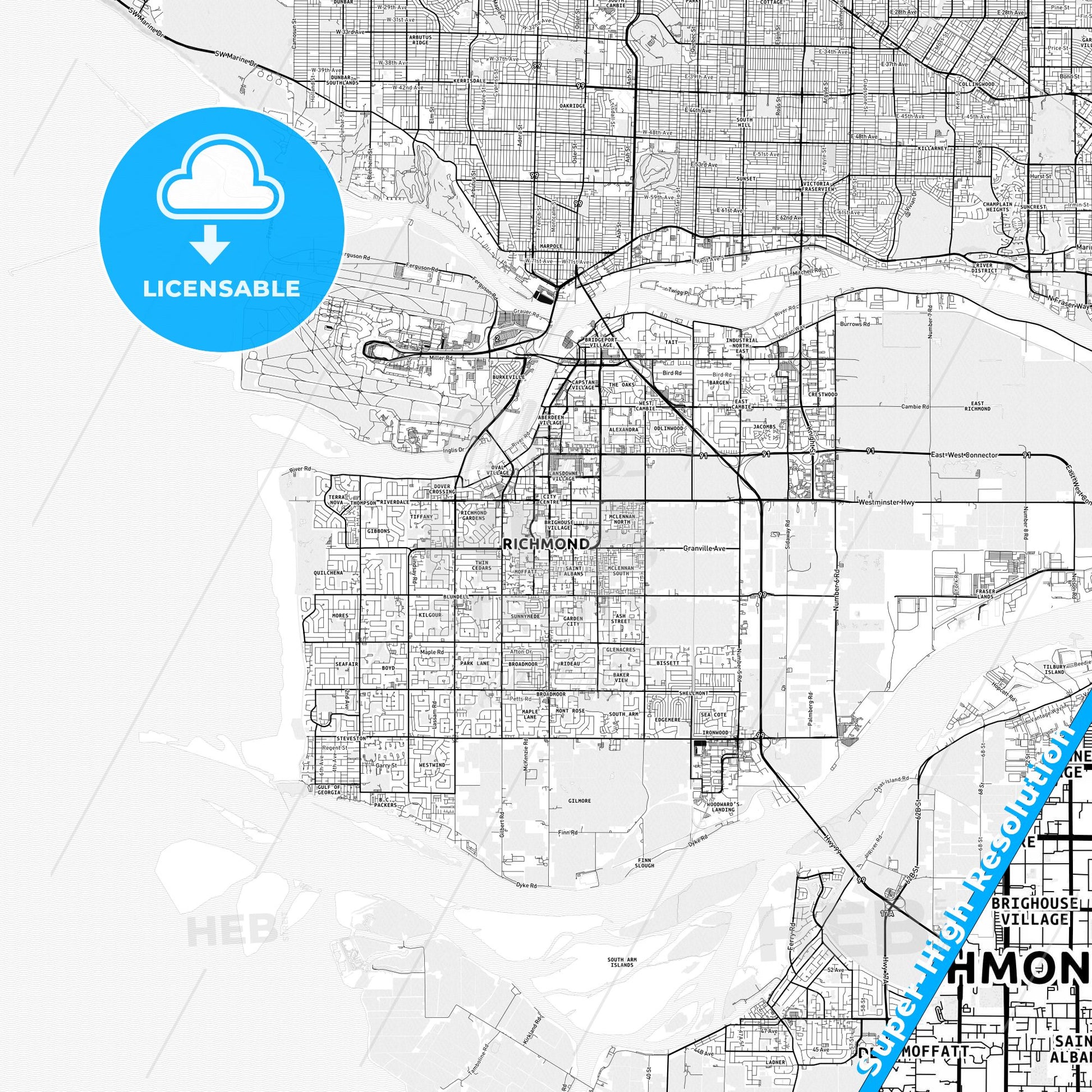 Richmond, Canada light map with streetnames, citynames and districts