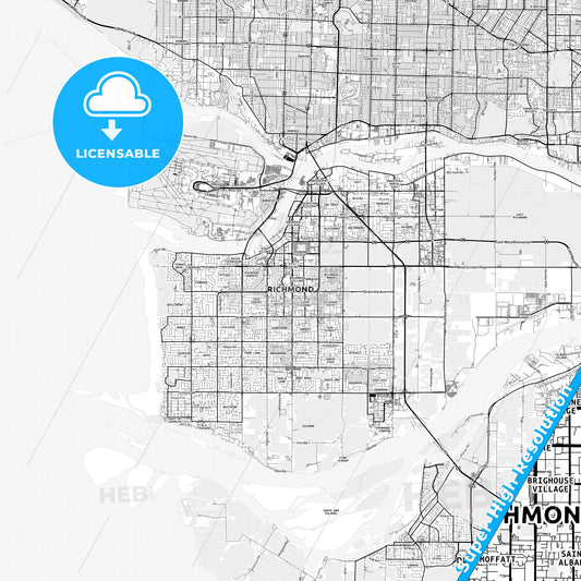 Richmond, Canada light map with streetnames, citynames and districts