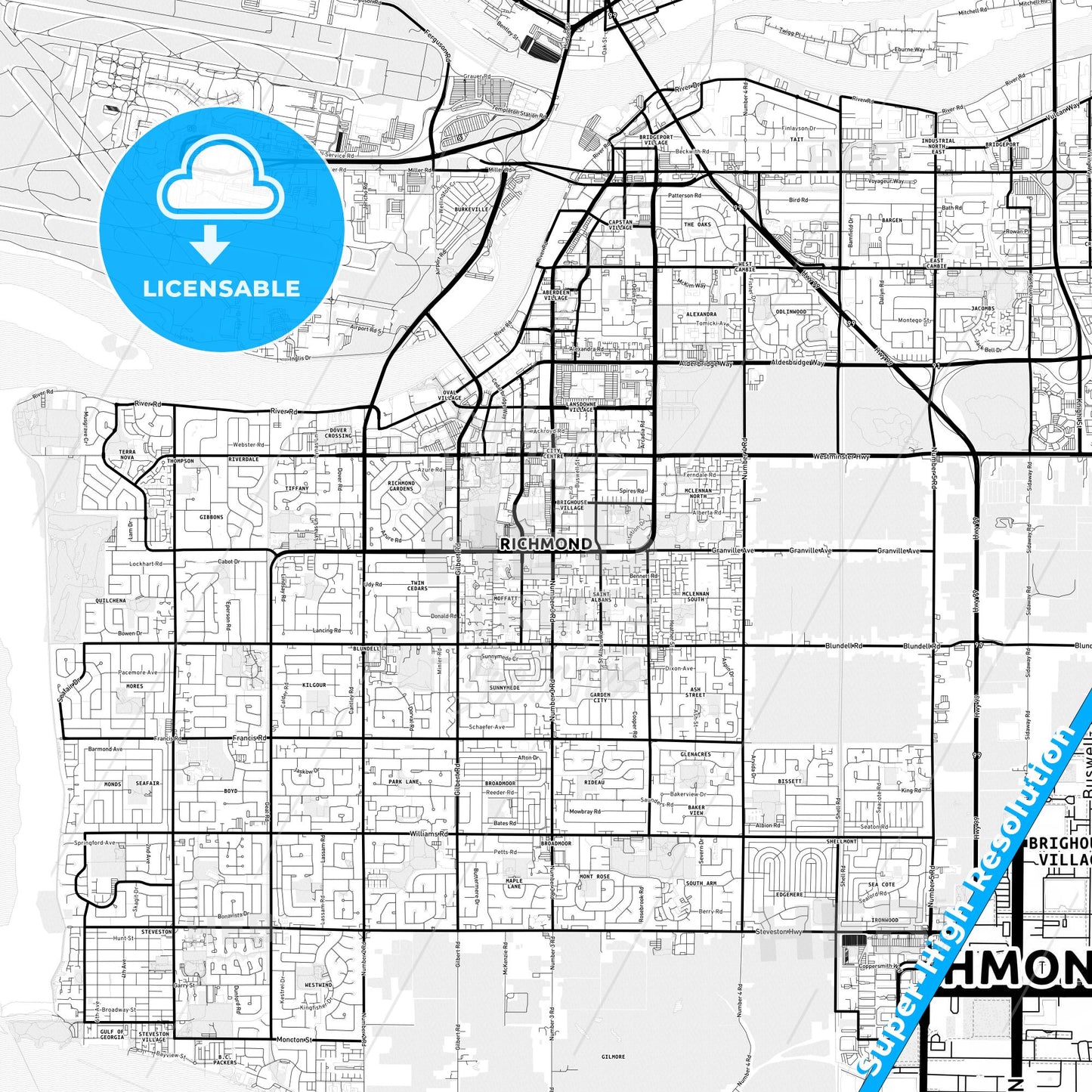 Richmond, Canada Light Map with Street Names, City Names, and Districts
