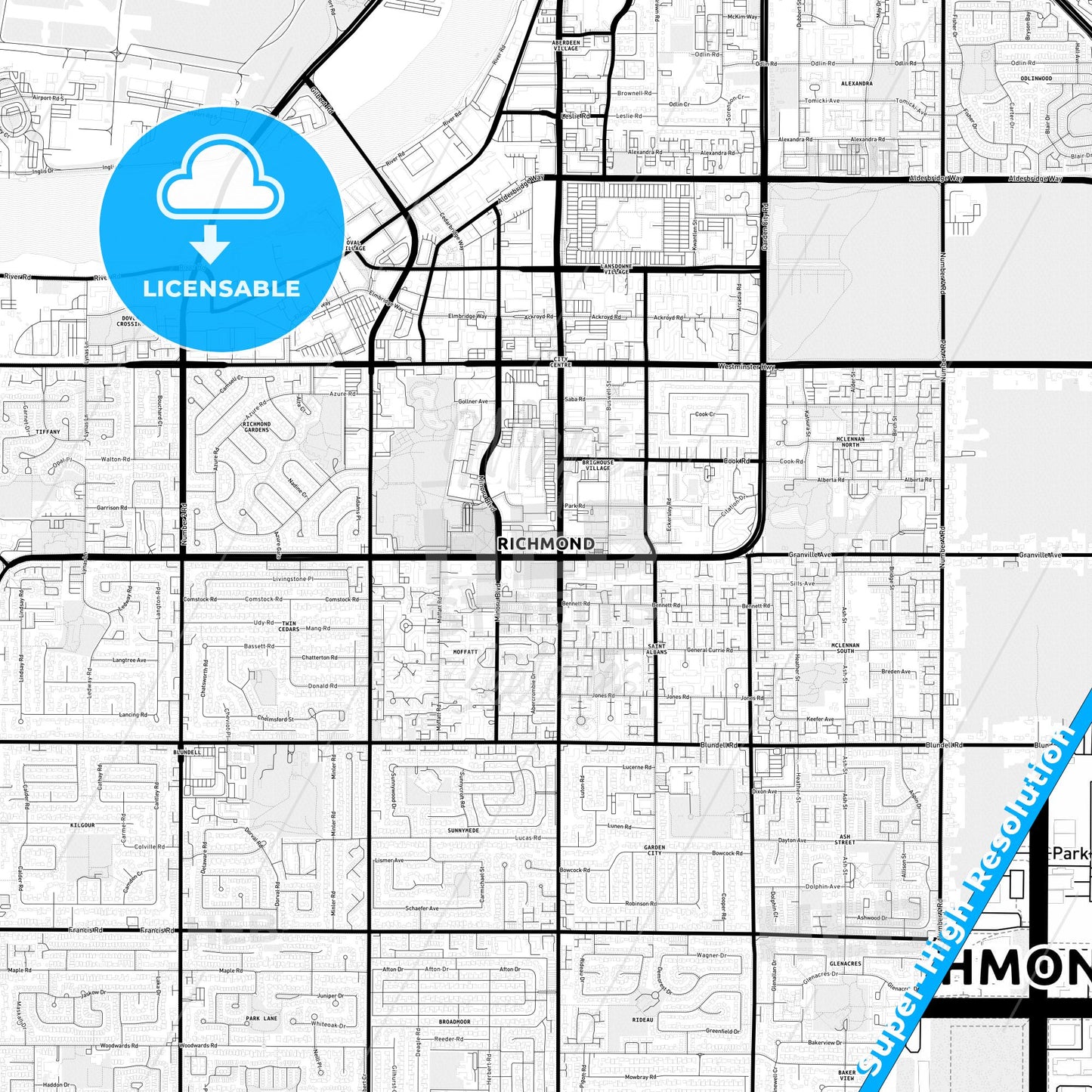 Richmond, Canada Light Map with Street Names, City Names, and Districts