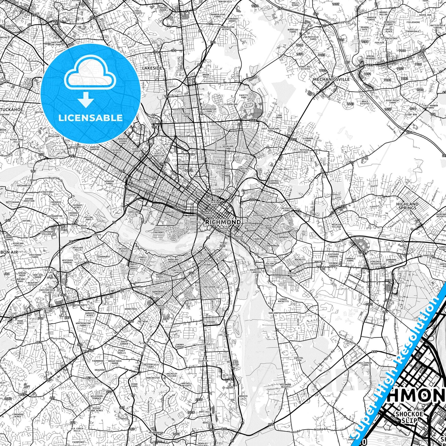 Richmond, Virginia light map with streetnames, citynames and districts