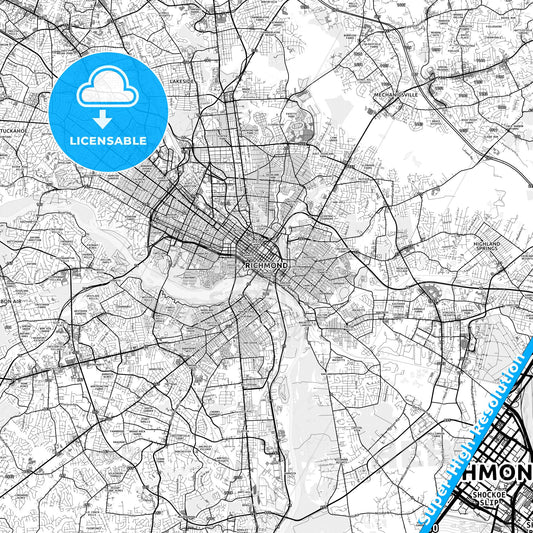 Richmond, Virginia light map with streetnames, citynames and districts