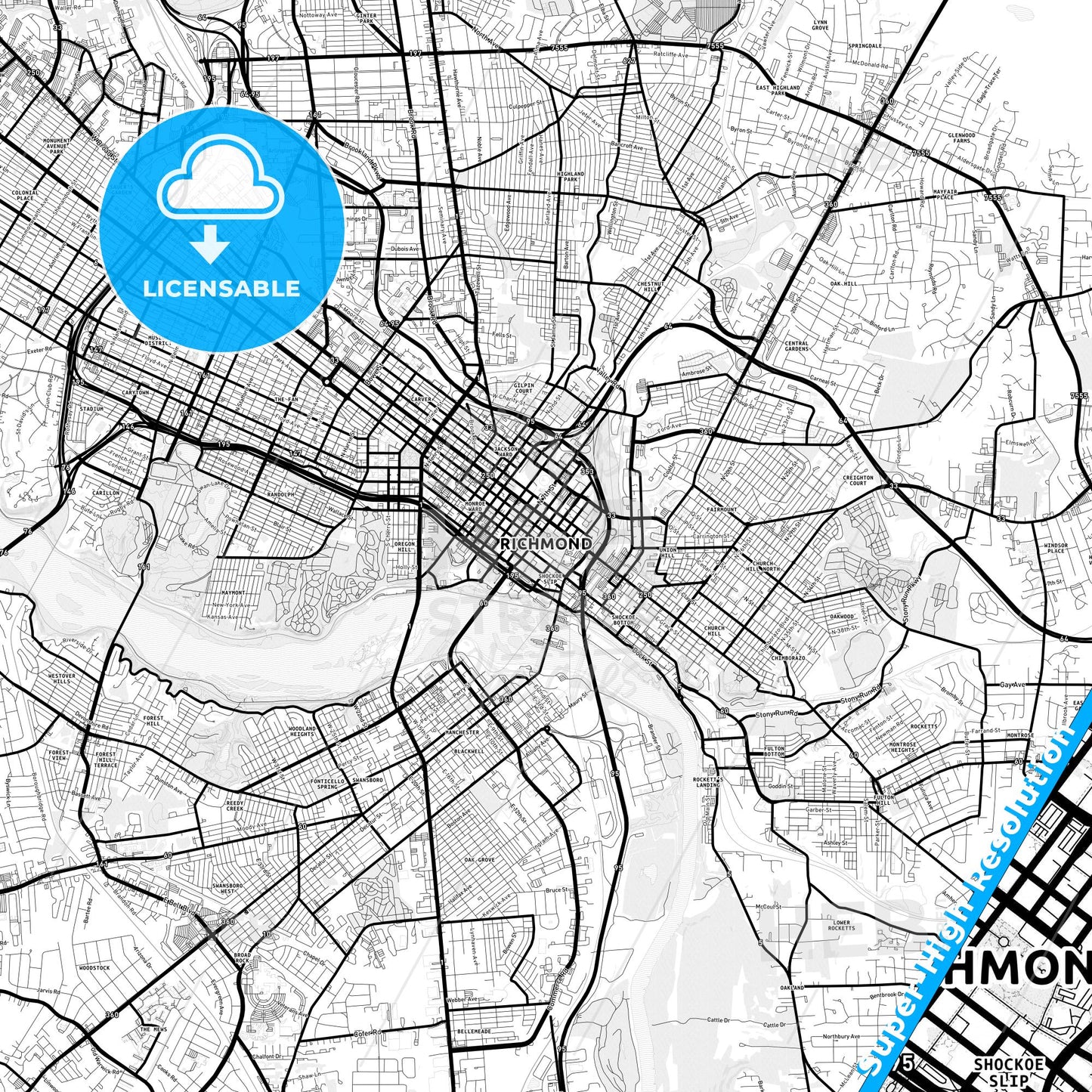 Richmond, Virginia Light Map with Street Names, City Names, and Districts